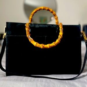 Vintage Gucci Bamboo bag, blk in color with sling. 10.5/14 inches.